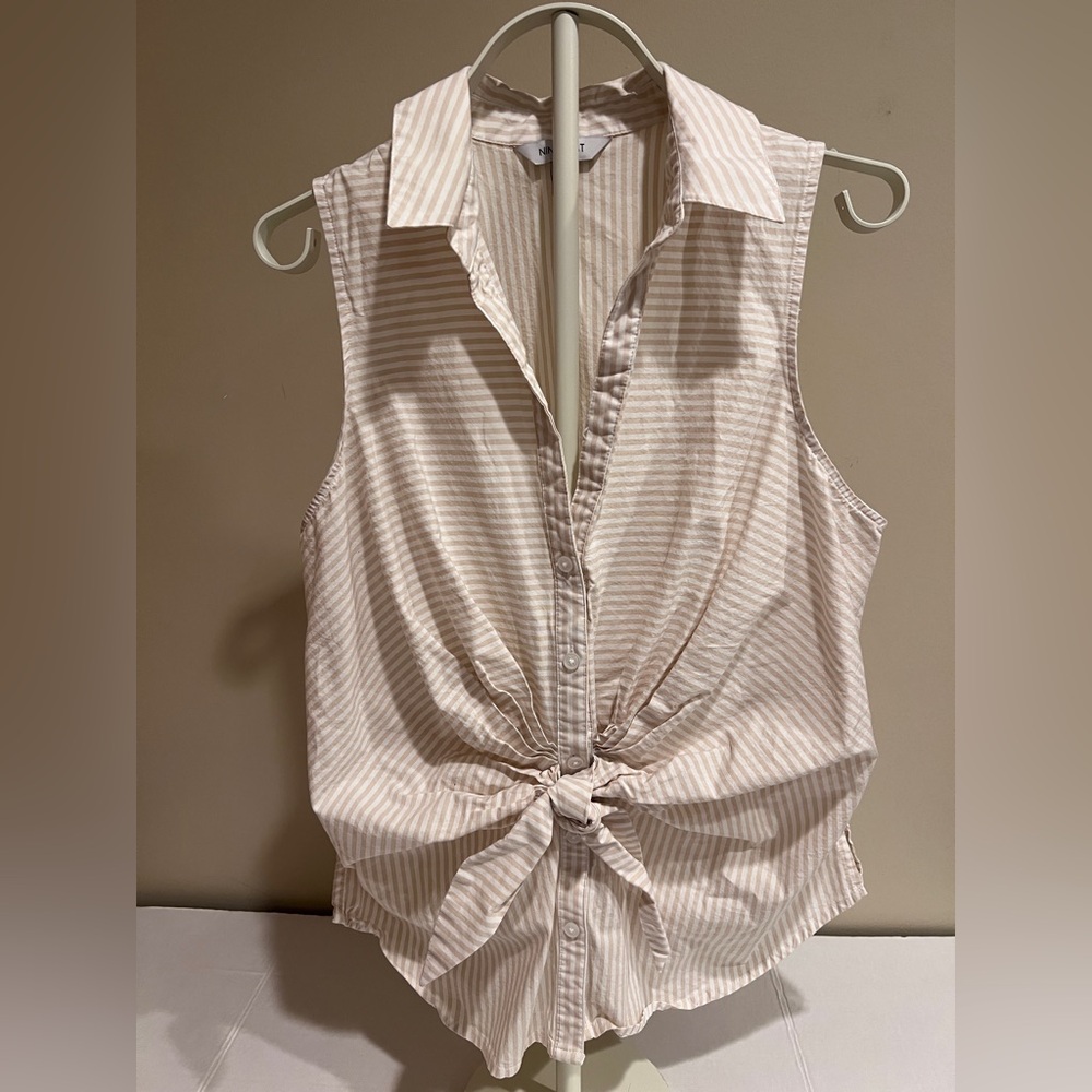 Nine West Women’s Neutral Striped Sleeveless Front Knot Button-down Career Top L